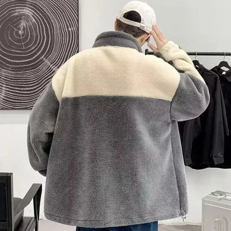 Cralom Men's Y2K Fashion Lamb Coat Plus Velvet Padded Leisure Jacket