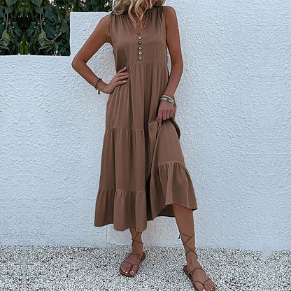 Cralom Women's Solid Color Loose A-Line Midi Dress - 2024 Summer Fashion