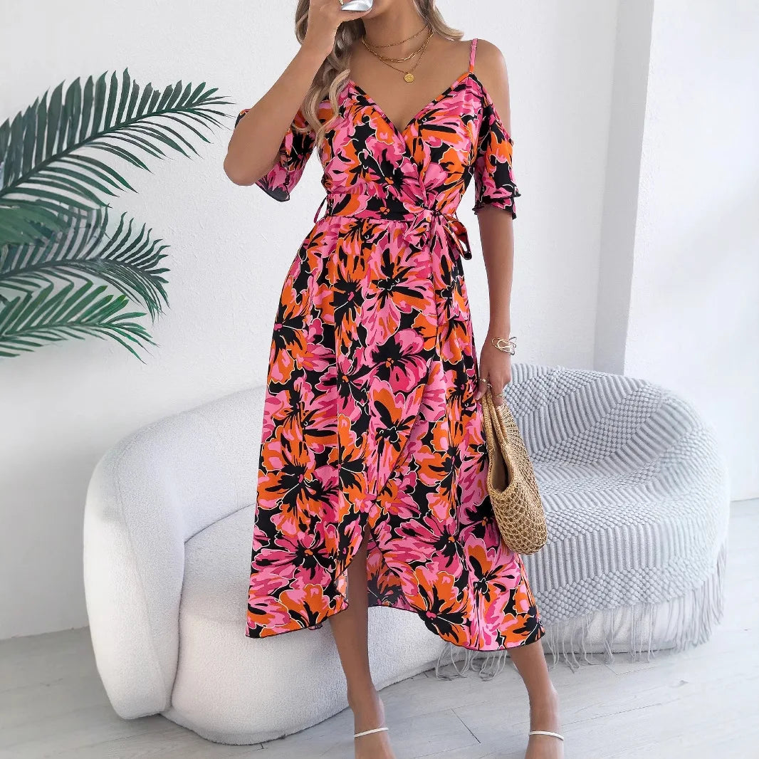 Cralom Floral Suspender Off Shoulder Vacation Dress