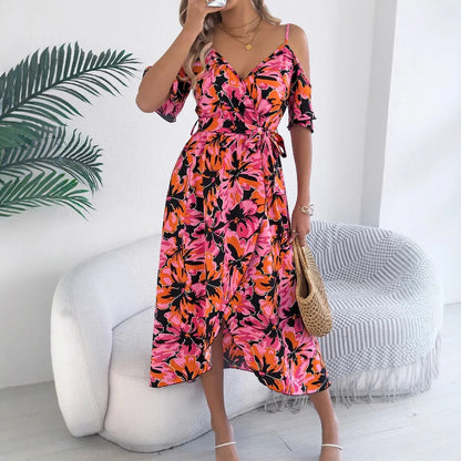Cralom Floral Suspender Off Shoulder Vacation Dress