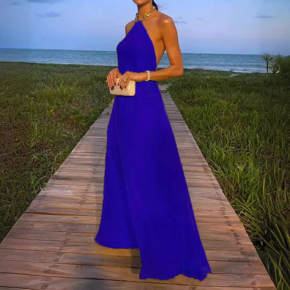 Cralom Solid Color Hanging Neck Long Dress