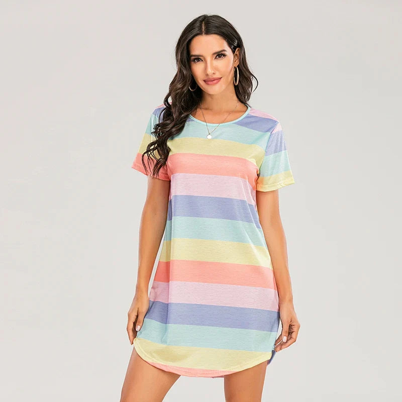 Cralom Rainbow Stripe Nightgown: Short Sleeve Loose Fit Women's Sleepwear & Summer Lounge Dress