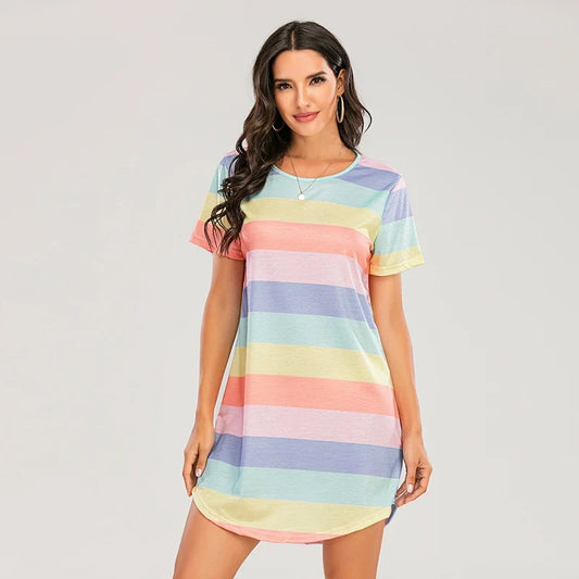 Cralom Rainbow Stripe Nightgown: Short Sleeve Loose Fit Women's Sleepwear & Summer Lounge Dress