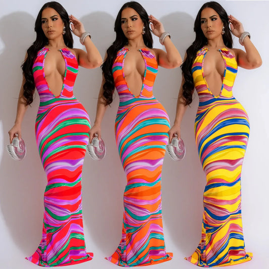Cralom Printed Sleeveless Deep V-neck Backless Long Dress Summer 2025