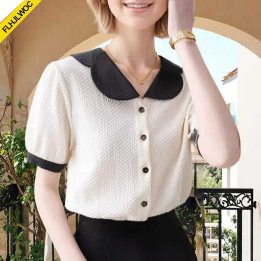 Cralom Retro Chic Peter Pan Collar Button Shirt Blouse for Women Summer 2025