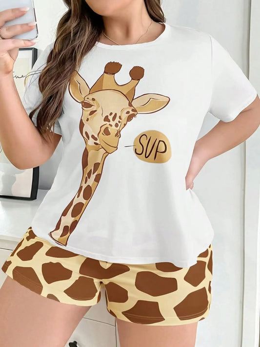 Cralom Giraffe Print Milk Silk Summer Pajama Set