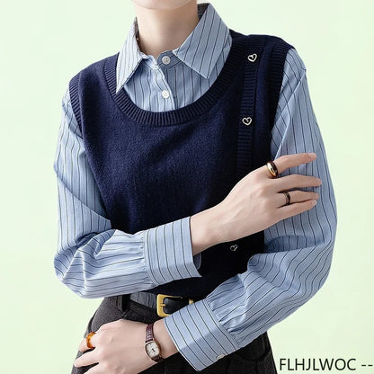 Cralom Patchwork Striped Knit Sweater Office Blouse: Preppy Style Fashion for Women