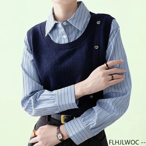 Cralom Patchwork Striped Knit Sweater Office Blouse: Preppy Style Fashion for Women