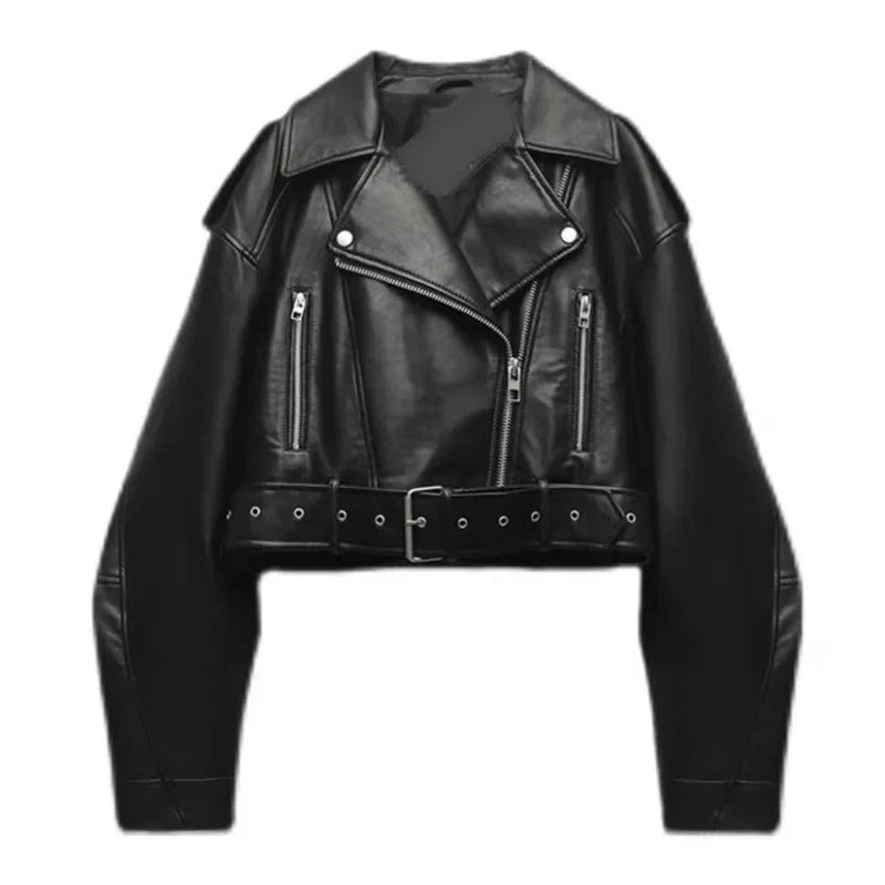 Cralom Retro Zipper Belt Motorcycle Jacket - 2023 Spring Chic Slim Fit Top