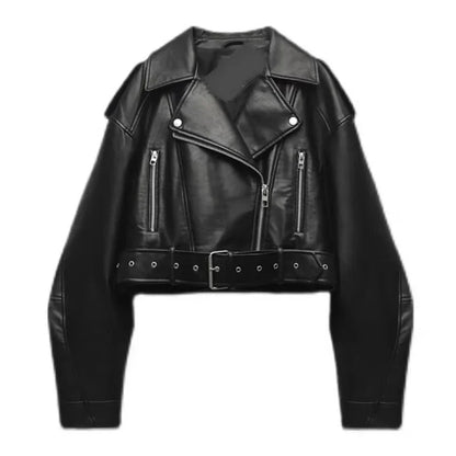 Cralom Retro Zipper Belt Motorcycle Jacket - 2023 Spring Chic Slim Fit Top