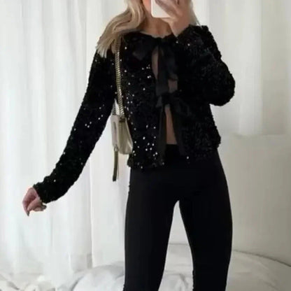 Cralom Sequin Patchwork Lace Up Jacket - Stylish Women's Coat