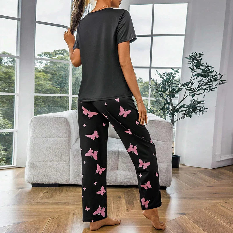 Cralom Women's Butterfly & Heart Printed Pajama Set - Soft Short Sleeve Crew Neck Tops & Elastic Waist Pants