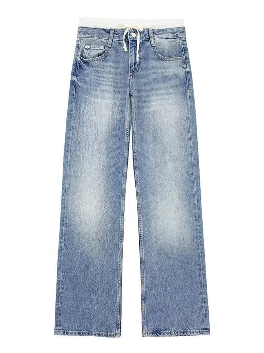 Cralom Vintage Hottie Spliced 9 Points Jeans - Y2K Style Slim Straight Jeans
