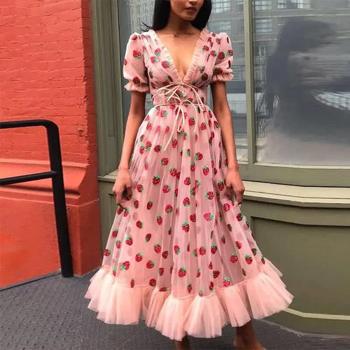 Cralom Strawberry Ruffles Tulle Dress Pink Puff Sleeve Cocktail Party Dress
