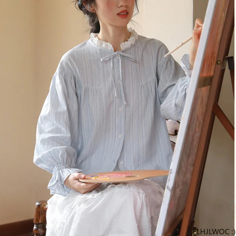 Cralom Sweet Girls Blue Stripe Button Shirt - Preppy Style Chic Stand Collar Blouse