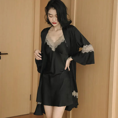 Cralom Luxury Ice Silk Suspender Nightgown Set with Chest Pad - Women's Sexy Pajamas