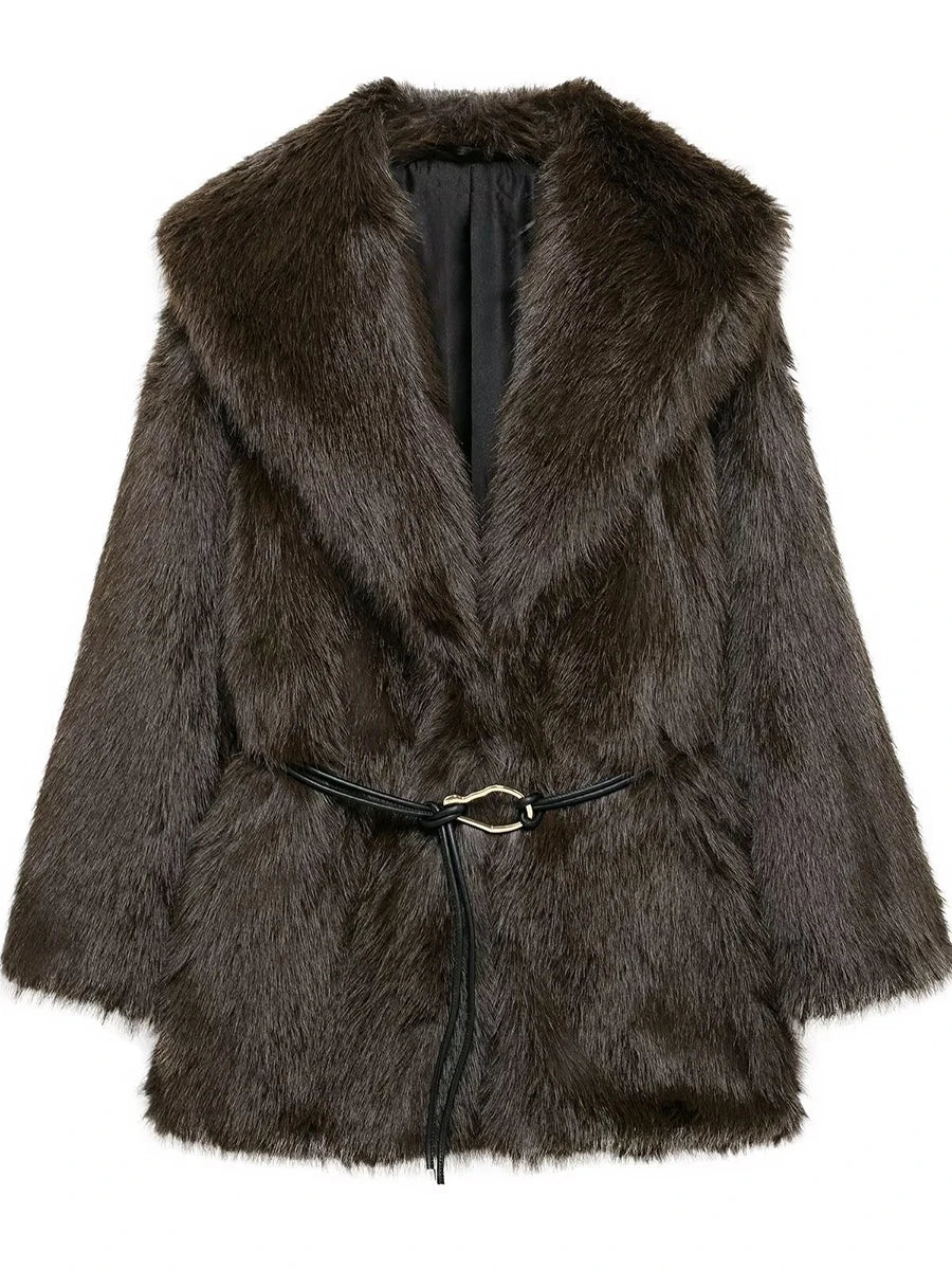 Cralom Loose Spliced Belt Jacket for Women - Fashionable Mao Mao Style