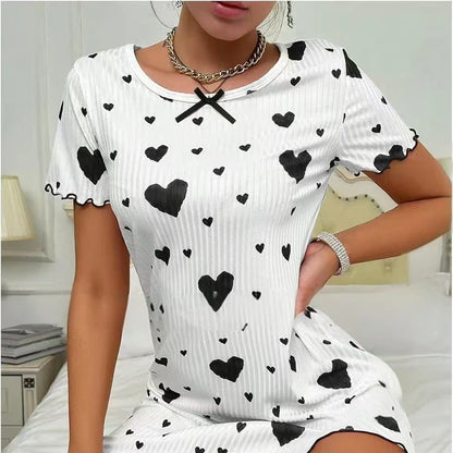 Cralom Heart Print Short-Sleeve Nightgown: Comfy Crew Neck Sleepdress for Summer