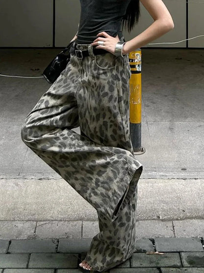 Cralom Vintage Distressed Leopard Jeans: High Waist Wide Leg Pants