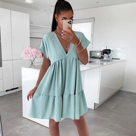 Cralom Short Sleeve V-neck Swing Dress - Women's Solid Color, 2024 Summer