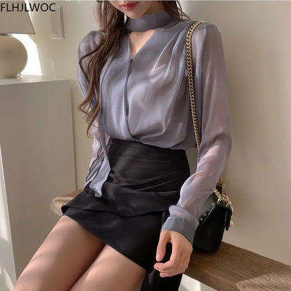 Cralom Sheer Bow Tie Blouse - Elegant Office Chic Fashion for Women