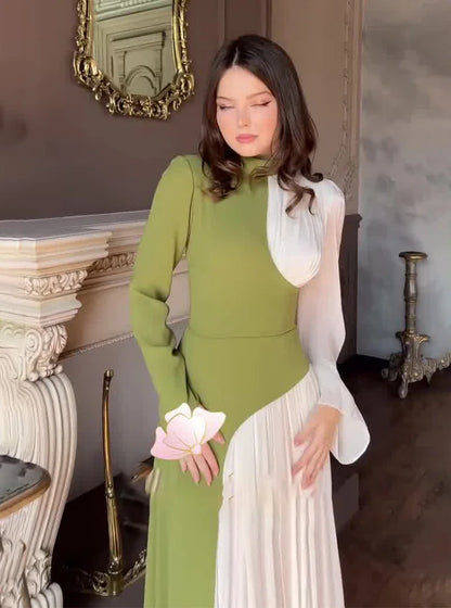 Cralom Retro Dress: Round Neck Long Sleeve Slim Fit High Waist 2025 Autumn