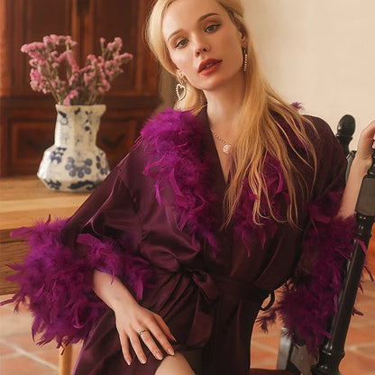 Cralom Women's Feather Solid V-Neck Belted Robe for Elegant Sleepwear