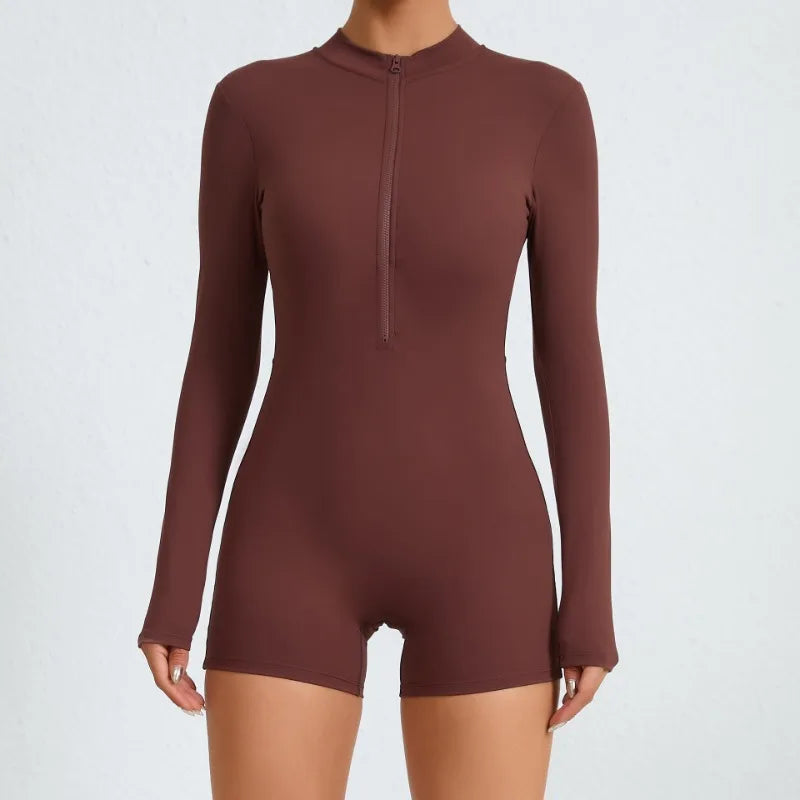Cralom Seamless Yoga Jumpsuit Long-Sleeve Zipper Activewear
