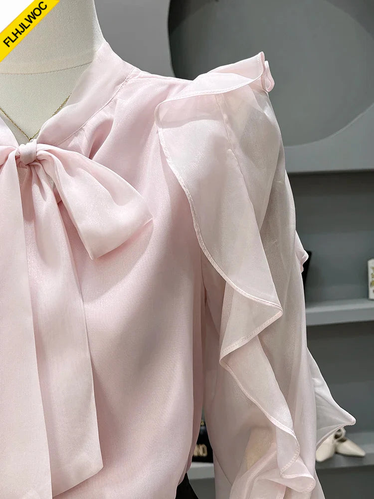Cralom Pink Bow Tie Long Sleeve Blouse - Elegant Office Lady Korean Style Tops