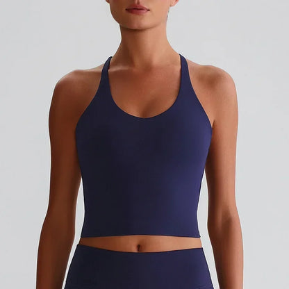 Cralom Nude Yoga Top with Detachable Chest Pads and Crossover Back