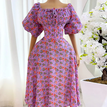 Cralom Printed Lace Up Lantern Sleeves A-line Dress - 2025 Spring Collection