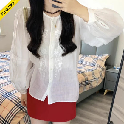 Cralom Embroidered Mesh Sheer Blouse - Women's Stylish Transparent Top