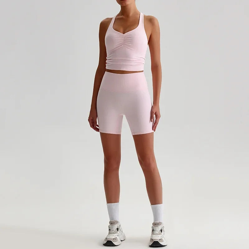 Cralom Women's Naked Feel Yoga Set with Backless Sports Bra and Butt Lifting Tight Shorts