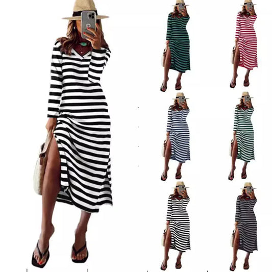 Cralom Women's V-neck Striped Long Sleeve Slit Dress