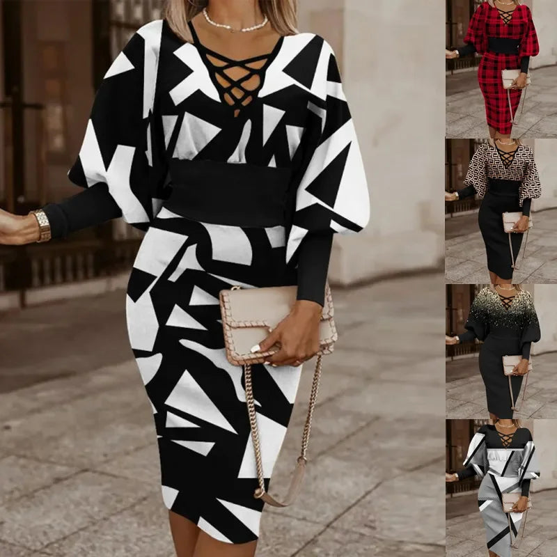 Cralom Red Plaid Bodycon Dress: Deep V Neck, Long Sleeve, Elegant Autumn Party Christmas Midi