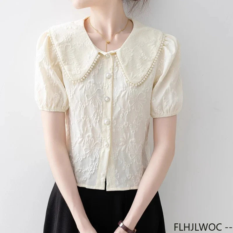 Cralom Button Shirts: 2025 Summer Women's Beaded Peter Pan Collar Top