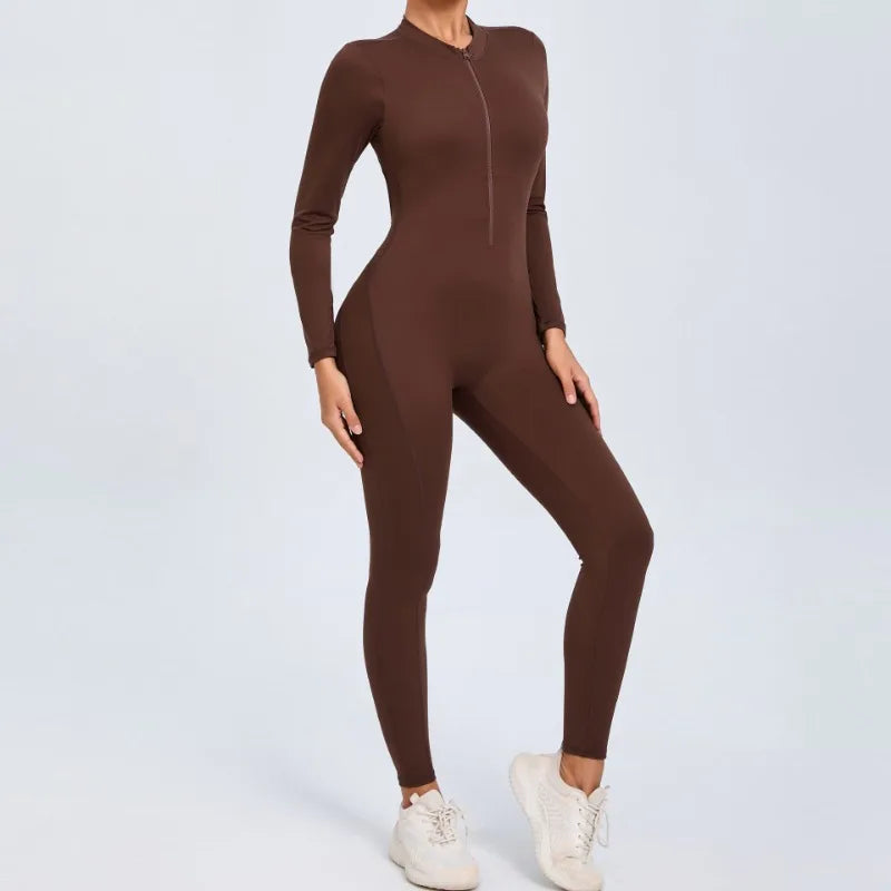 Cralom Seamless Long Sleeve Yoga Bodysuit with Back Cutout & Zipper