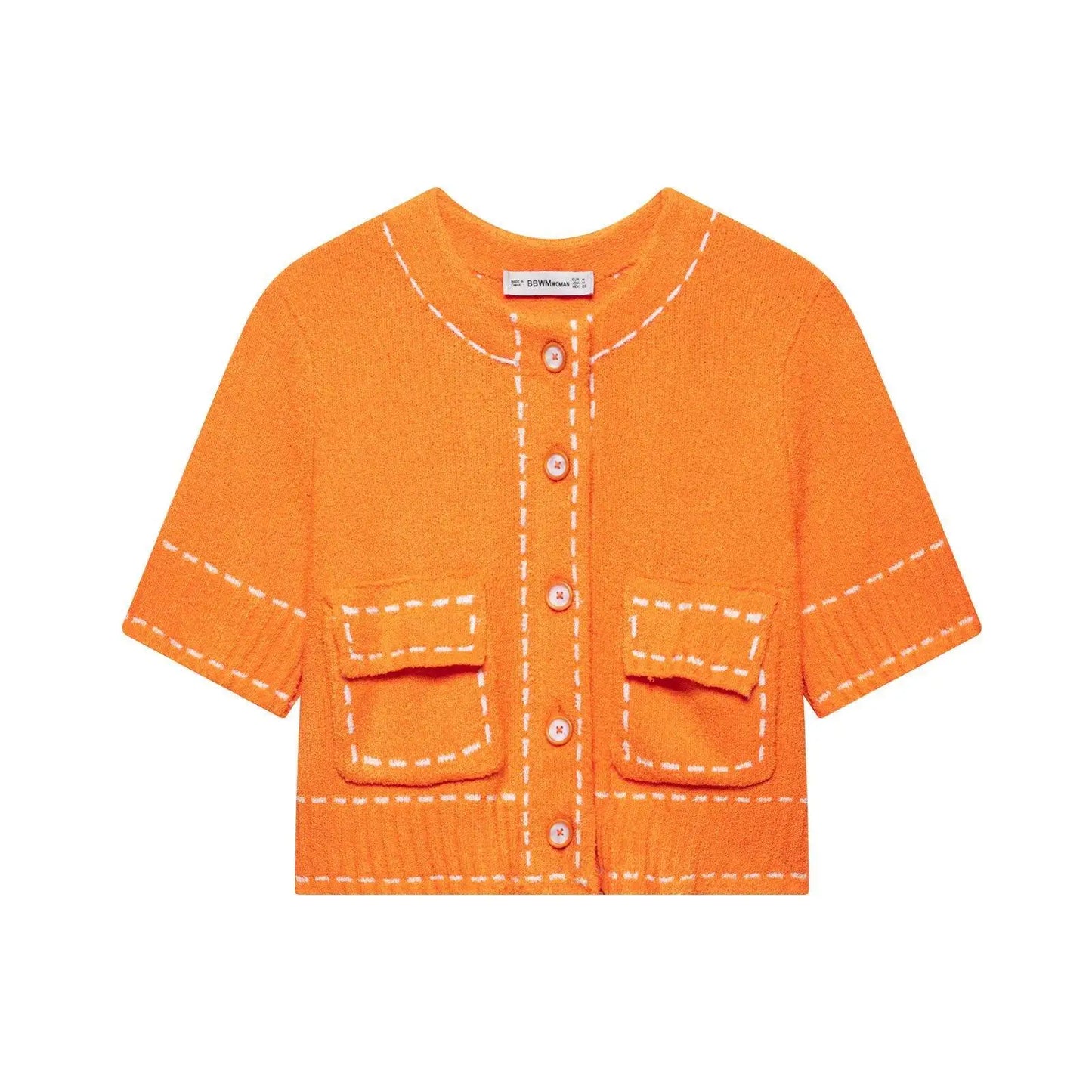 Cralom Short Sleeve O-neck Knit Cardigan Open-line Sweater