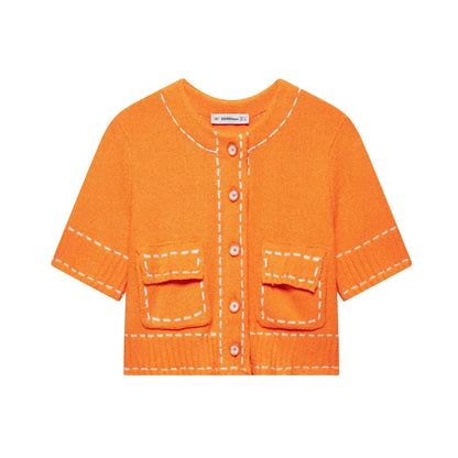 Cralom Short Sleeve O-neck Knit Cardigan Open-line Sweater
