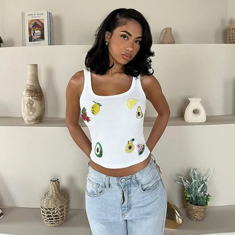 Cralom Fruit Print Crop Top Summer Sleeveless T-shirt Female Fashion Club Vest
