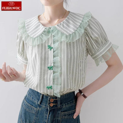 Cralom Butterfly Button Peter Pan Collar Blouse Cute Preppy Style Women Tops