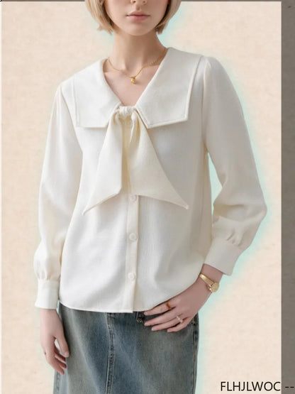 Cralom Sweet Ribbon Button Bow Tie Top for Women - Elegant Korean Style Blouse