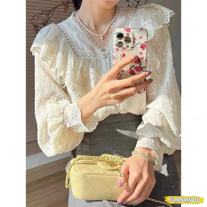 Cralom Elegant Ruffled White Blouse for Women's Office Chicwear