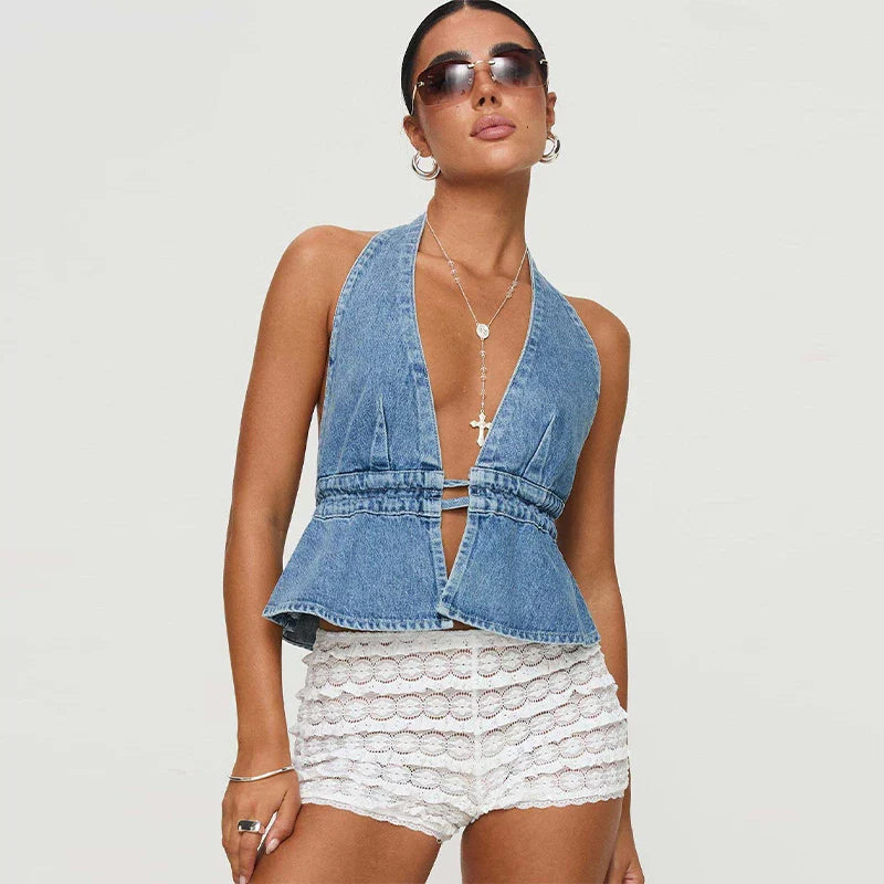 Cralom Lace-Up Denim Halter Vest for Women Summer 2025