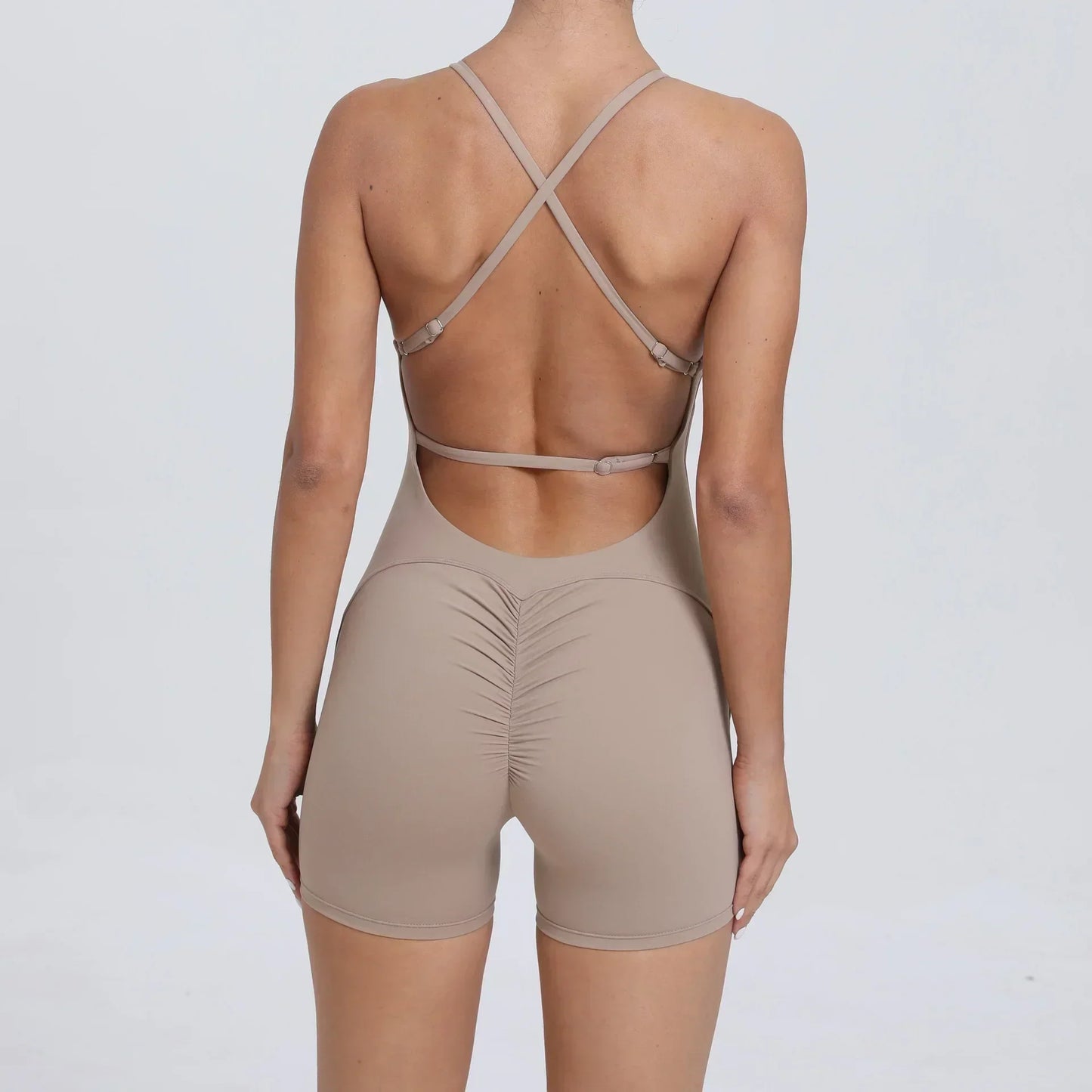 Cralom Women's Gym Fitness Jumpsuit Open Back Shorts Yoga Set