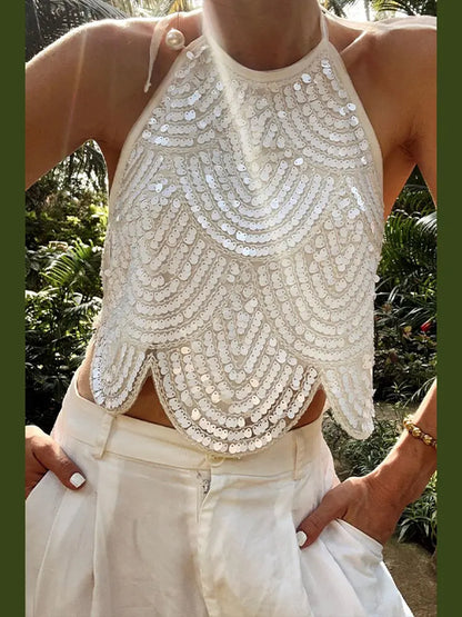 Cralom Glitter Sequin Halter Crop Top - Sexy Backless Tie-Up Tank