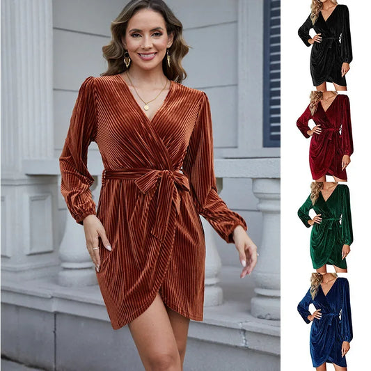 Cralom Lace Up V-Neck Dress with Waist Cinching Pleats