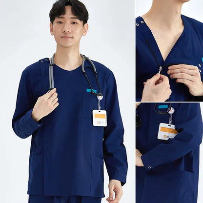 Cralom Heather Scrub Set: Men Women Zip Top, Drawstring Pants 2pc Slim Tunic