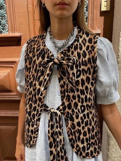 Cralom Leopard Print Lace-Up V-Neck Vest Women's Sleeveless Jacket Top