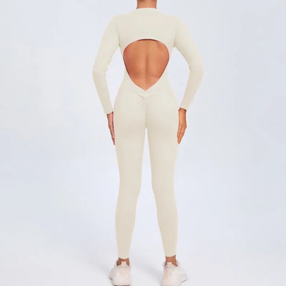 Cralom Seamless Long Sleeve Yoga Bodysuit with Back Cutout & Zipper